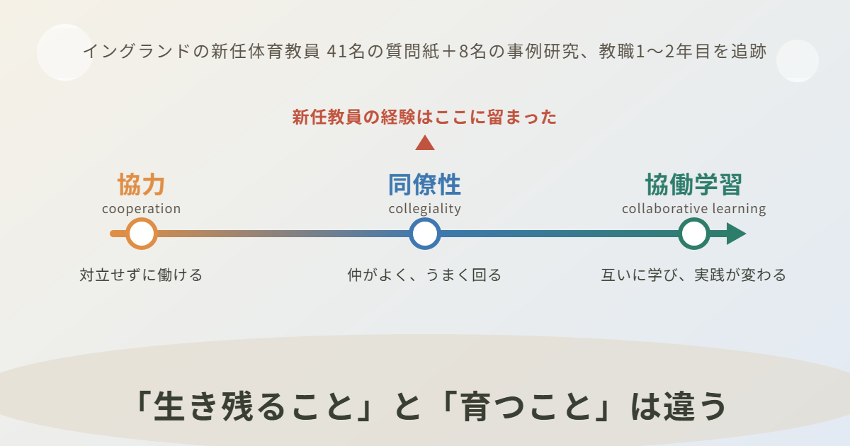協力・同僚性・協働学習の連続体。新任教員の経験は同僚性に留まった。「生き残ること」と「育つこと」は違う